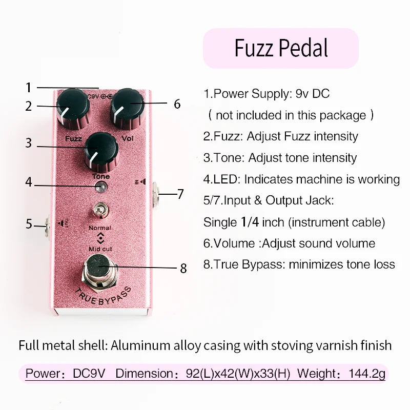 Pink aluminum alloy electric guitar effect pedal with stoving varnish finish and black control knobs overdrive distortion tremolo delay