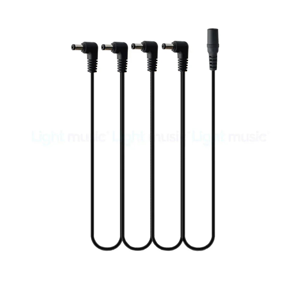 Set of four black angled power adapter cables with molded connectors for electric guitar pedals featuring true bypass design