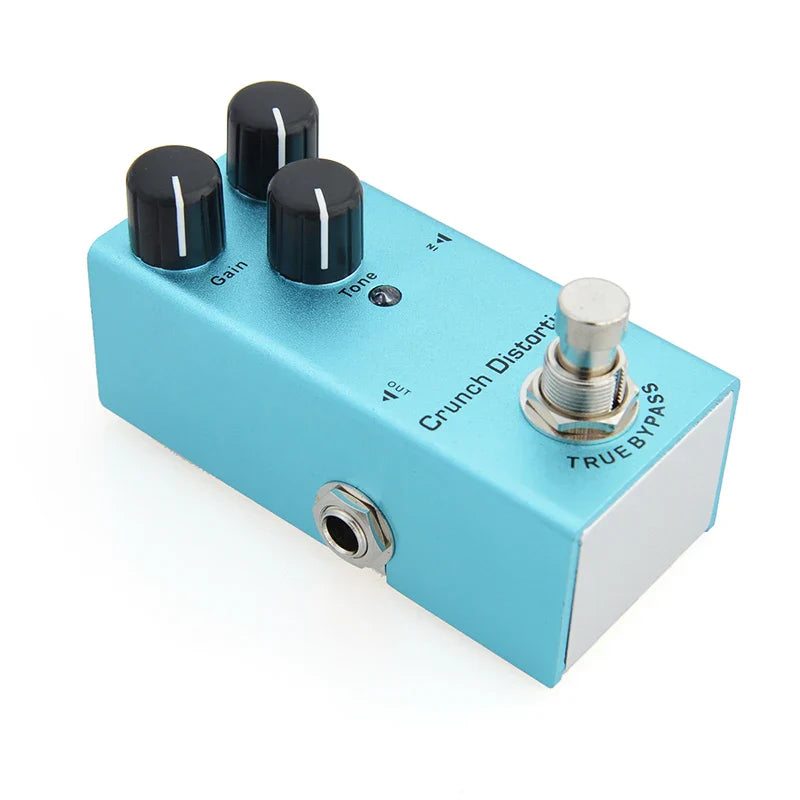 Light blue electric guitar pedal with aluminum alloy casing, stoving varnish finish, true bypass design, gain and tone knobs