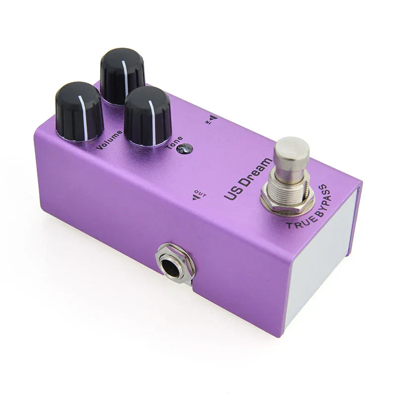 Purple electric guitar pedal with aluminum alloy casing black knobs stoving varnish finish and true bypass design