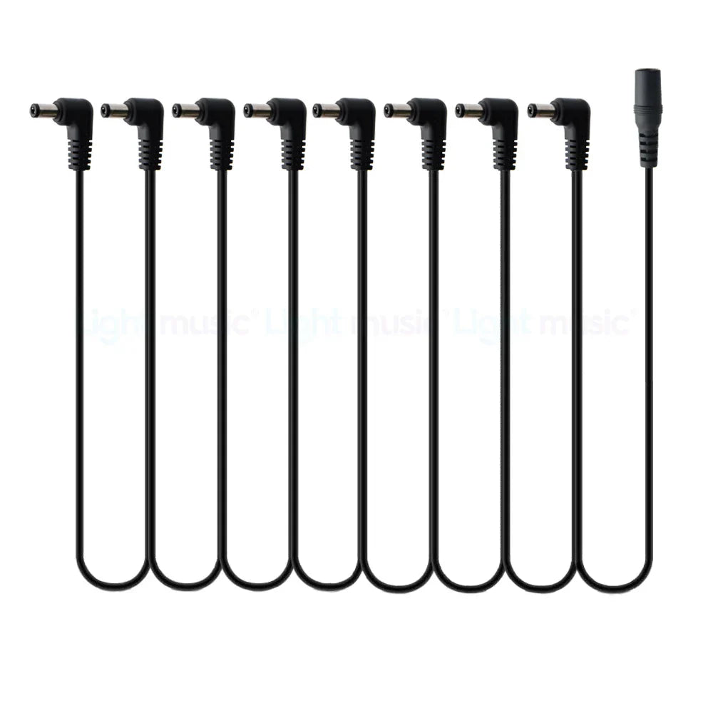 Eight black angled electric guitar pedal power adapter cables with aluminum alloy casing and stoving varnish finish