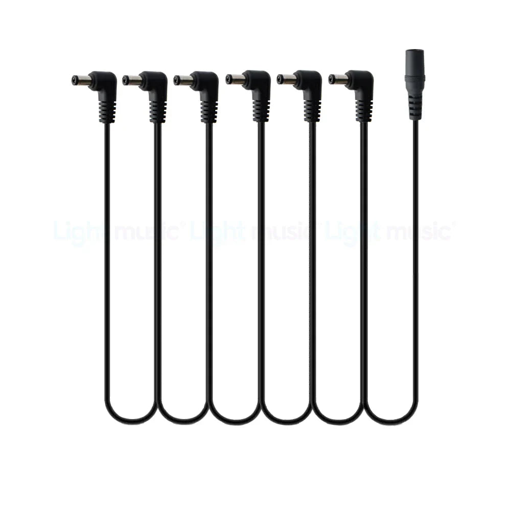 Set of six black angled electric guitar pedal power adapter cables with aluminum alloy casing and stoving varnish finish