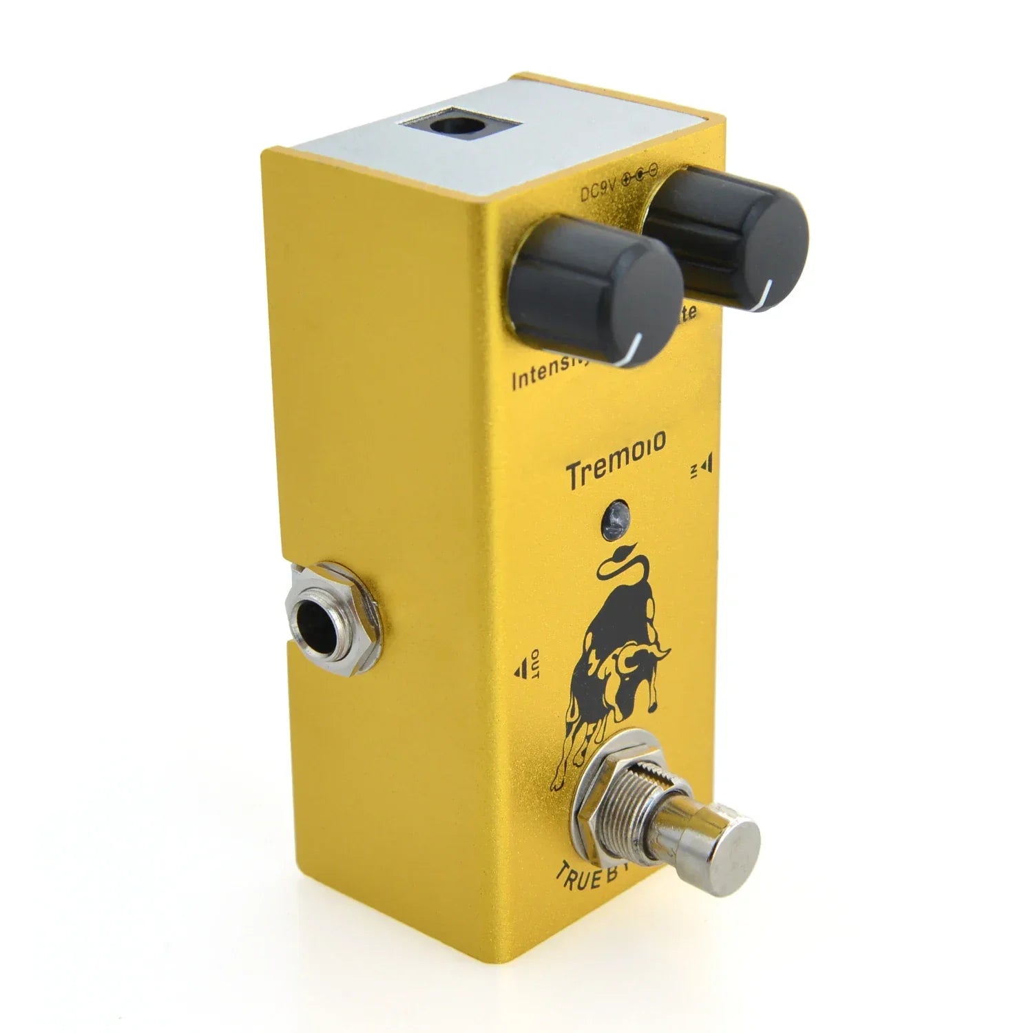 Yellow metal electric guitar pedal with aluminum alloy casing black knobs true bypass design and silver footswitch