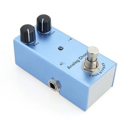 Light blue electric guitar pedal with aluminum alloy casing, black rate and depth knobs, true bypass footswitch, and input jack