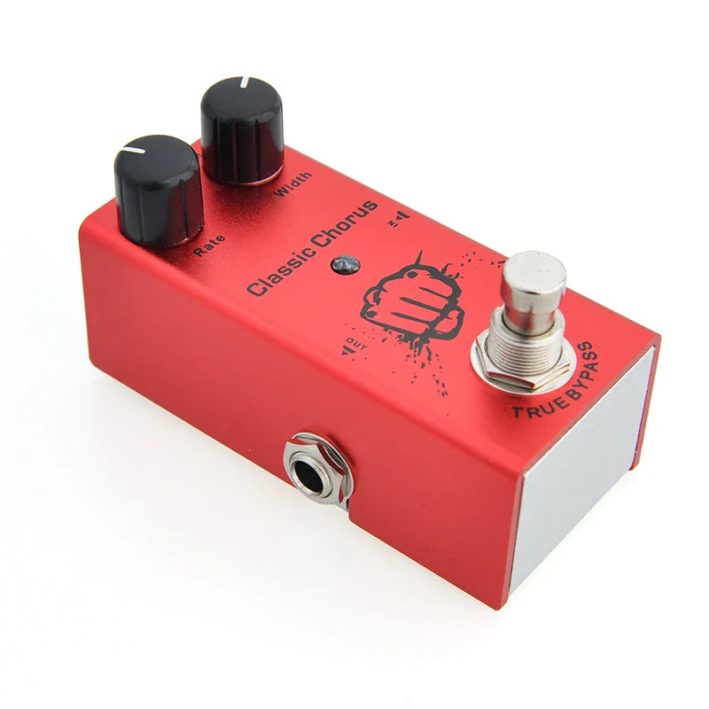 Red electric guitar pedal with aluminum alloy casing and true bypass design featuring black knobs rate and width