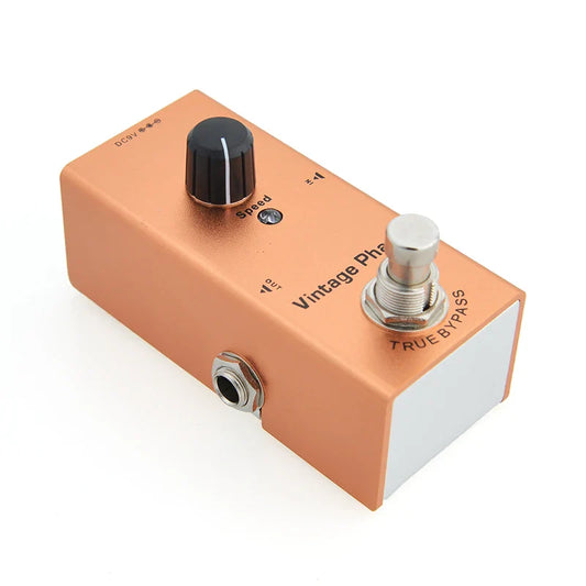 Copper-colored vintage phase electric guitar pedal with aluminum alloy casing, stoving varnish finish, and true bypass design