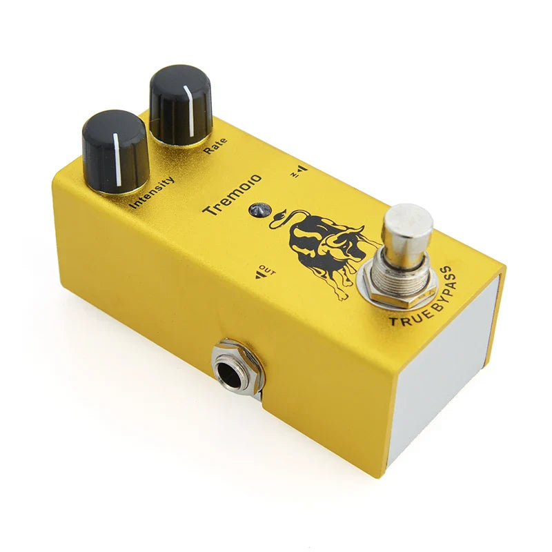 Yellow electric guitar pedal with aluminum alloy casing, stoving varnish finish, black knobs, and bull graphic for vintage effects