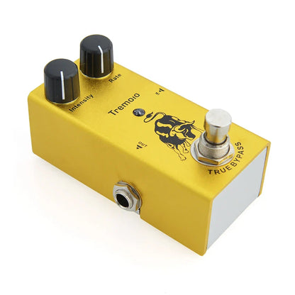 Yellow electric guitar pedal with aluminum alloy casing, stoving varnish finish, black knobs, and bull graphic for vintage effects