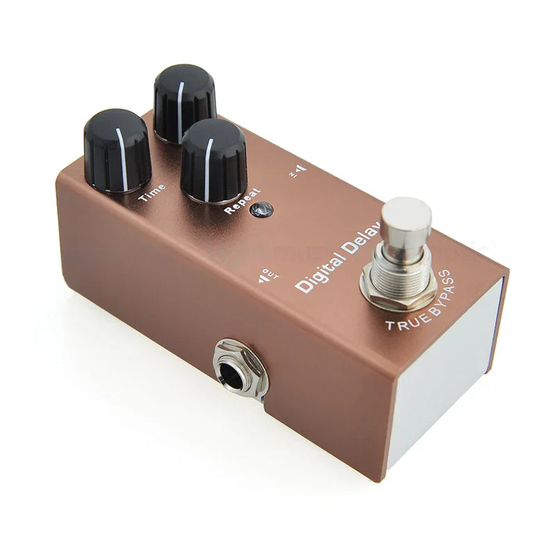 Bronze digital delay electric guitar pedal with aluminum alloy casing, stoving varnish finish, and true bypass design