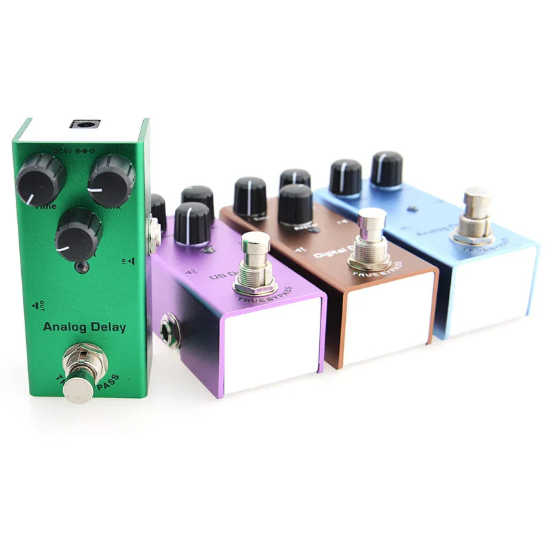 Green analog delay electric guitar pedal with aluminum alloy casing, stoving varnish finish, and true bypass design