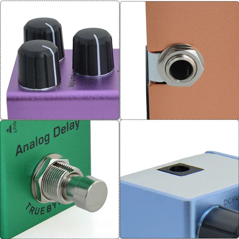 Purple electric guitar pedal with aluminum alloy casing stoving varnish finish three black knobs and true bypass design