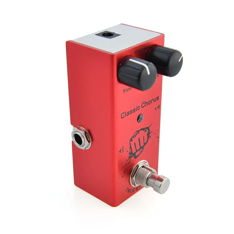 Red metal electric guitar pedal classic chorus by Trueby with aluminum alloy casing stoving varnish finish and true bypass design