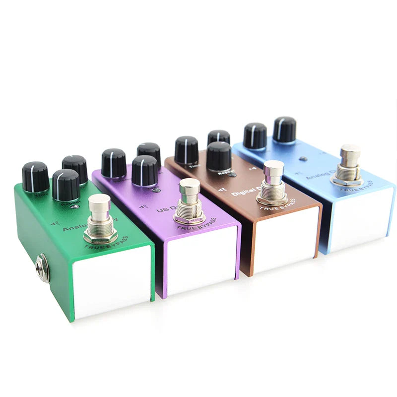 A set of four colorful true bypass electric guitar pedals with aluminum alloy casing and stoving varnish finish