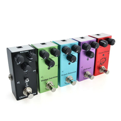 A set of six colorful electric guitar pedals with aluminum alloy casing and stoving varnish finish for versatile effects