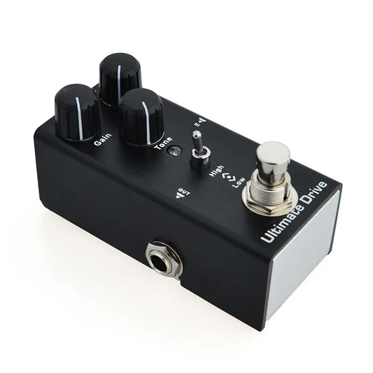 Black electric guitar pedal with aluminum alloy casing, stoving varnish finish, three knobs, and high low toggle switch