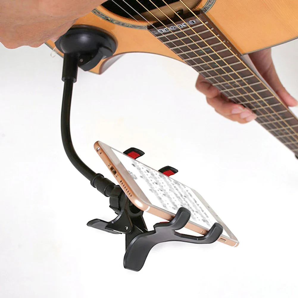 Black flexible foldable guitar bracket with adjustable clamp and suction cup mount for ukulele violin mandolin use
