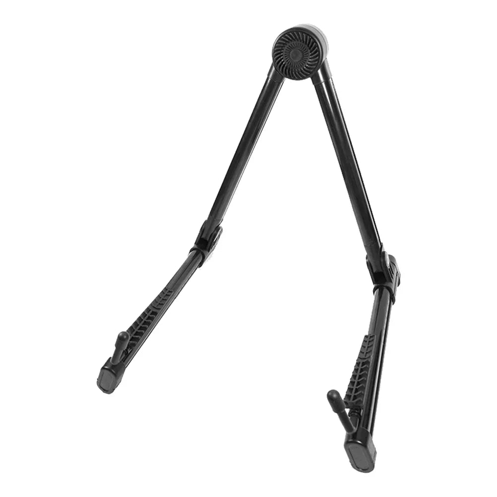 Black plastic foldable guitar bracket with textured grips and circular top cap tripod instrument stand for ukulele violin mandolin