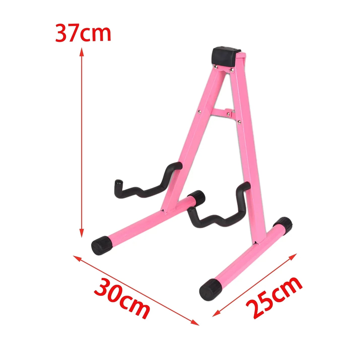 Pink metal electric guitar stand with black rubberized feet and padded armrests for acoustic electric bass guitars