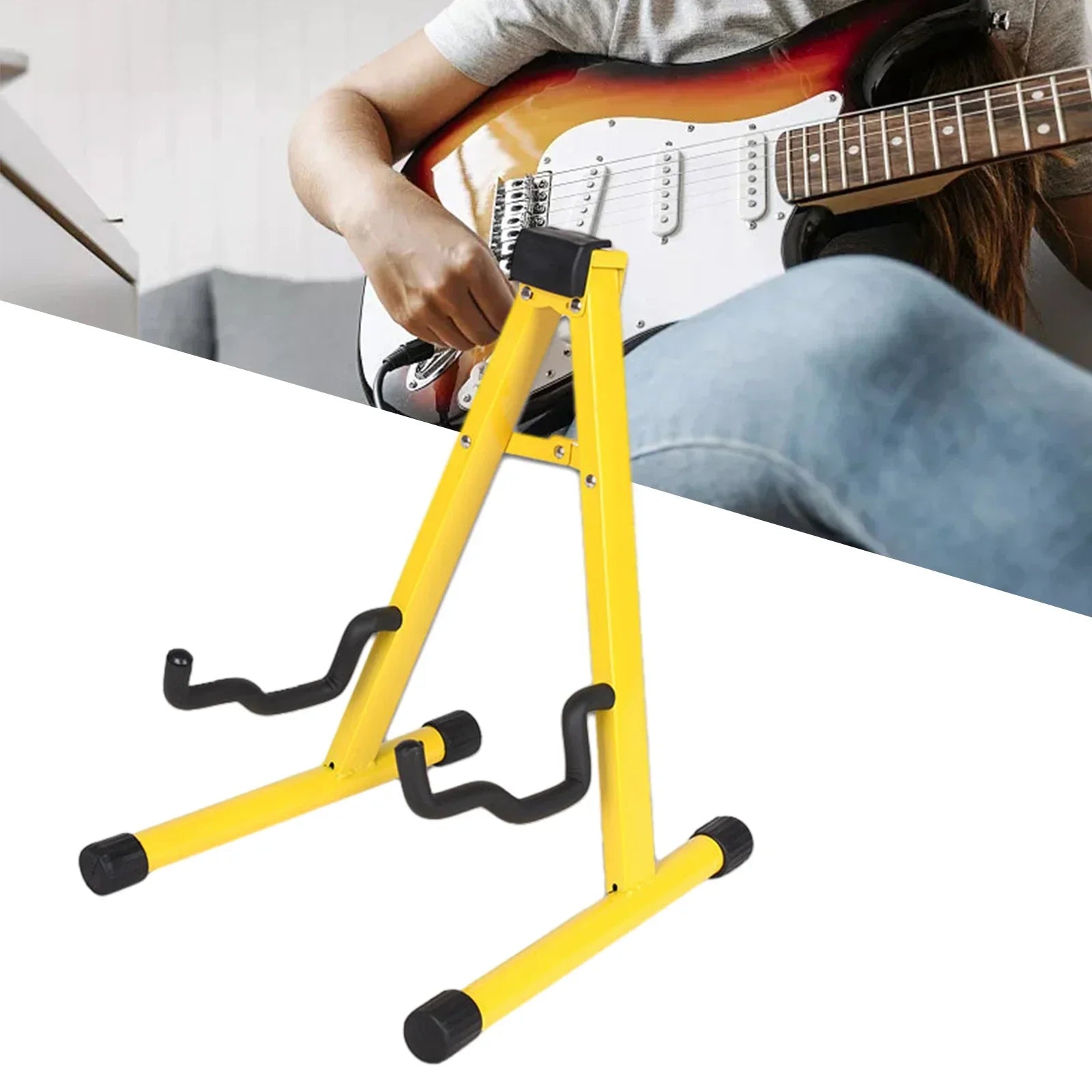Bright yellow metal electric guitar stand with black rubber grips and feet folding instrument stand for acoustic electric bass
