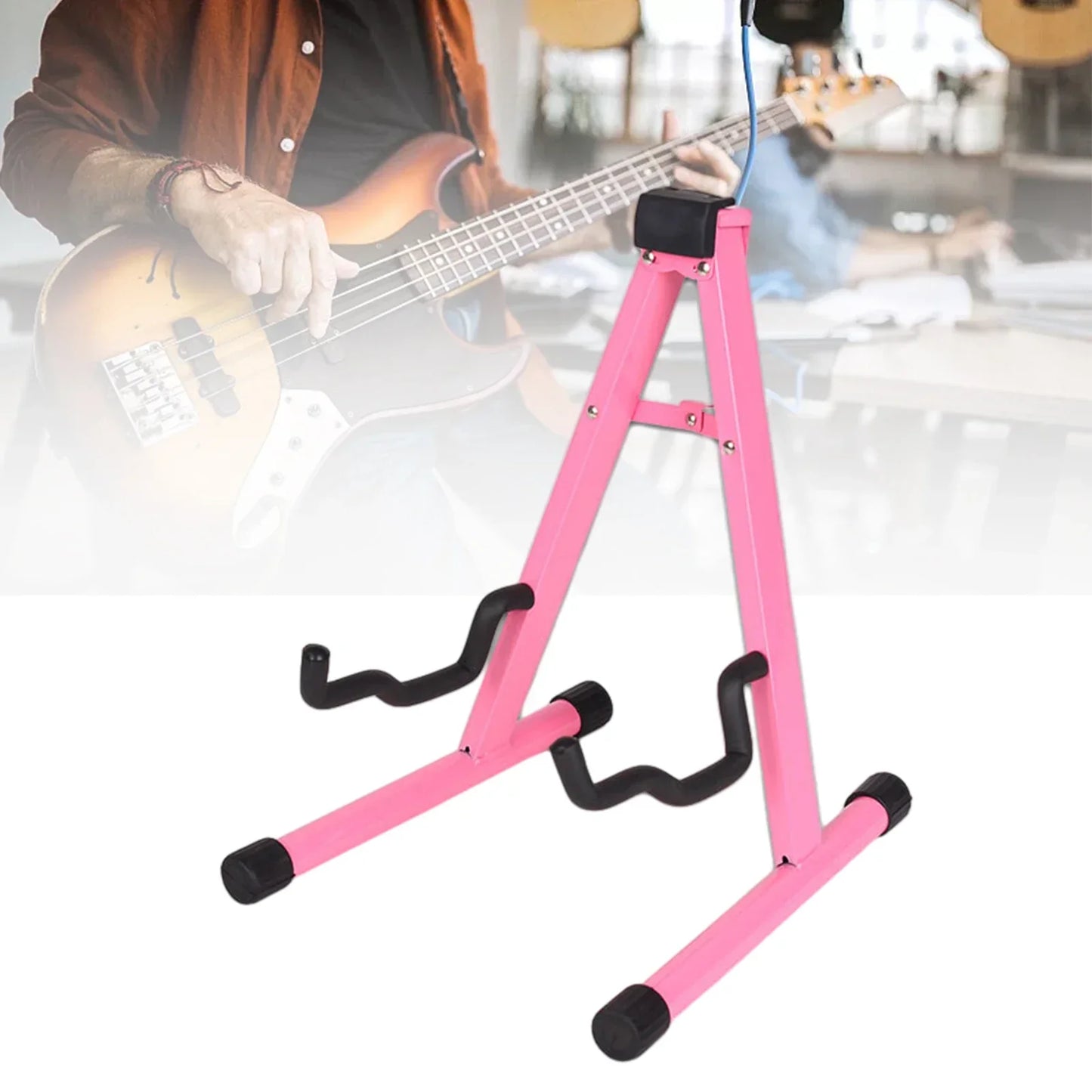 Pink metal electric guitar stand with black rubberized grips and feet folding instrument stand for acoustic electric bass