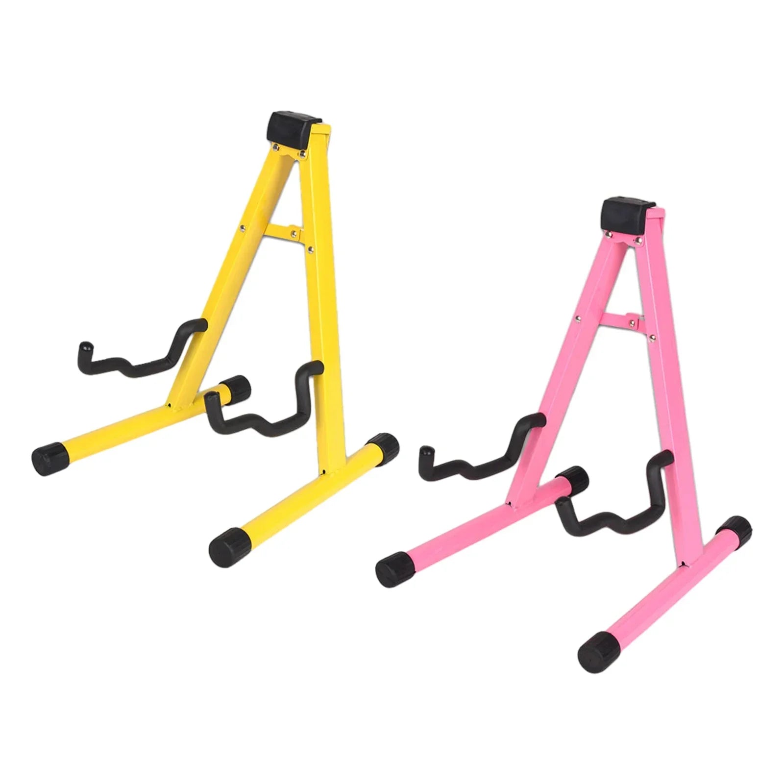 Yellow and pink metal electric guitar stand with black rubber feet padded armrests folding instrument stand for acoustic electric bass