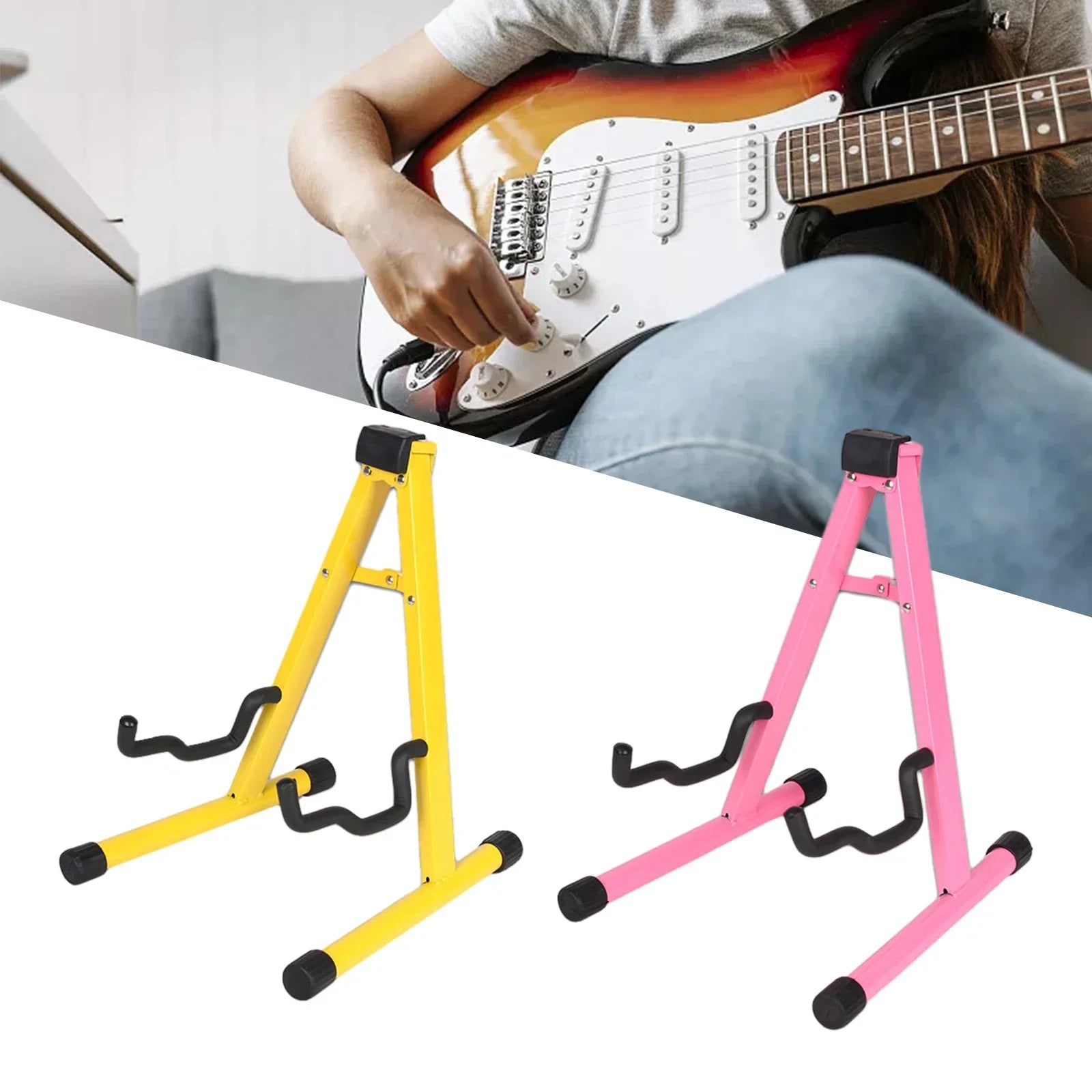 Yellow and pink metal electric guitar stand with black rubber feet and padded arms for acoustic electric bass folding use