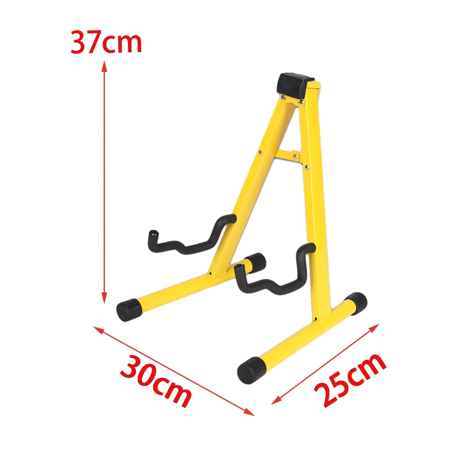 Yellow metal electric guitar stand with black rubberized feet and handle grips folding instrument stand for acoustic electric bass