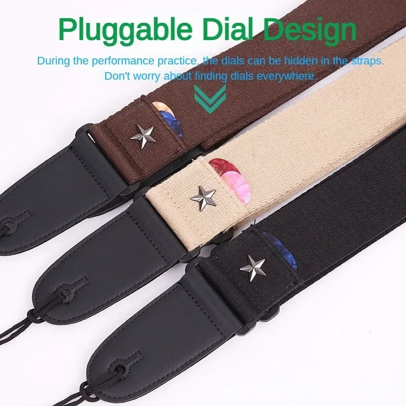 Brown beige and black electric guitar strap with pluggable dial star-shaped metal accents and thickened mesh paddles