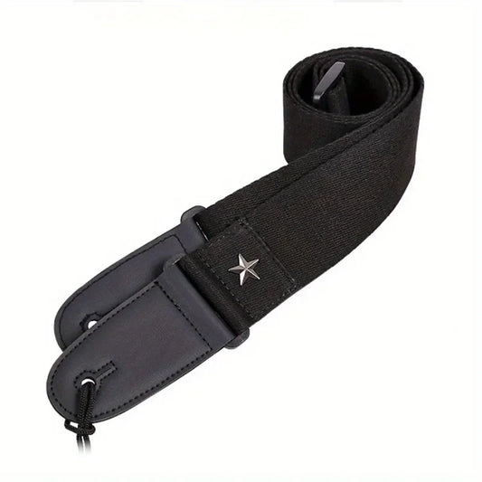 Black electric guitar strap with textured fabric body, leather ends, silver star emblem, and pick pocket design for acoustic folk guitars