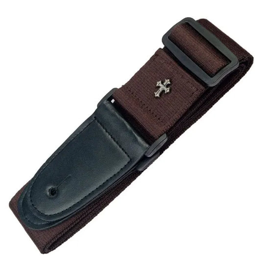 Brown woven electric guitar strap with a black plastic buckle and vintage cross personality emblem for strap acoustic folk use