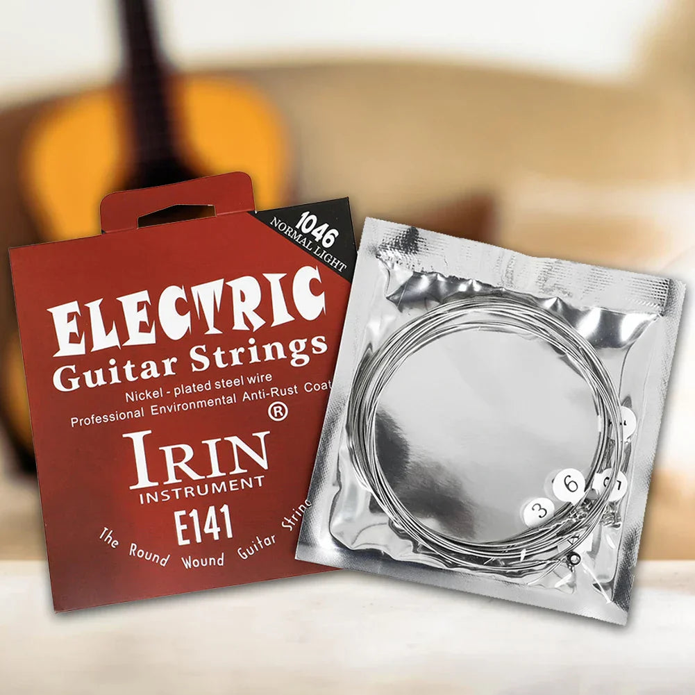 Red and silver package of irin e141 electric guitar strings made of nickel-plated steel wire for musical instruments accessories