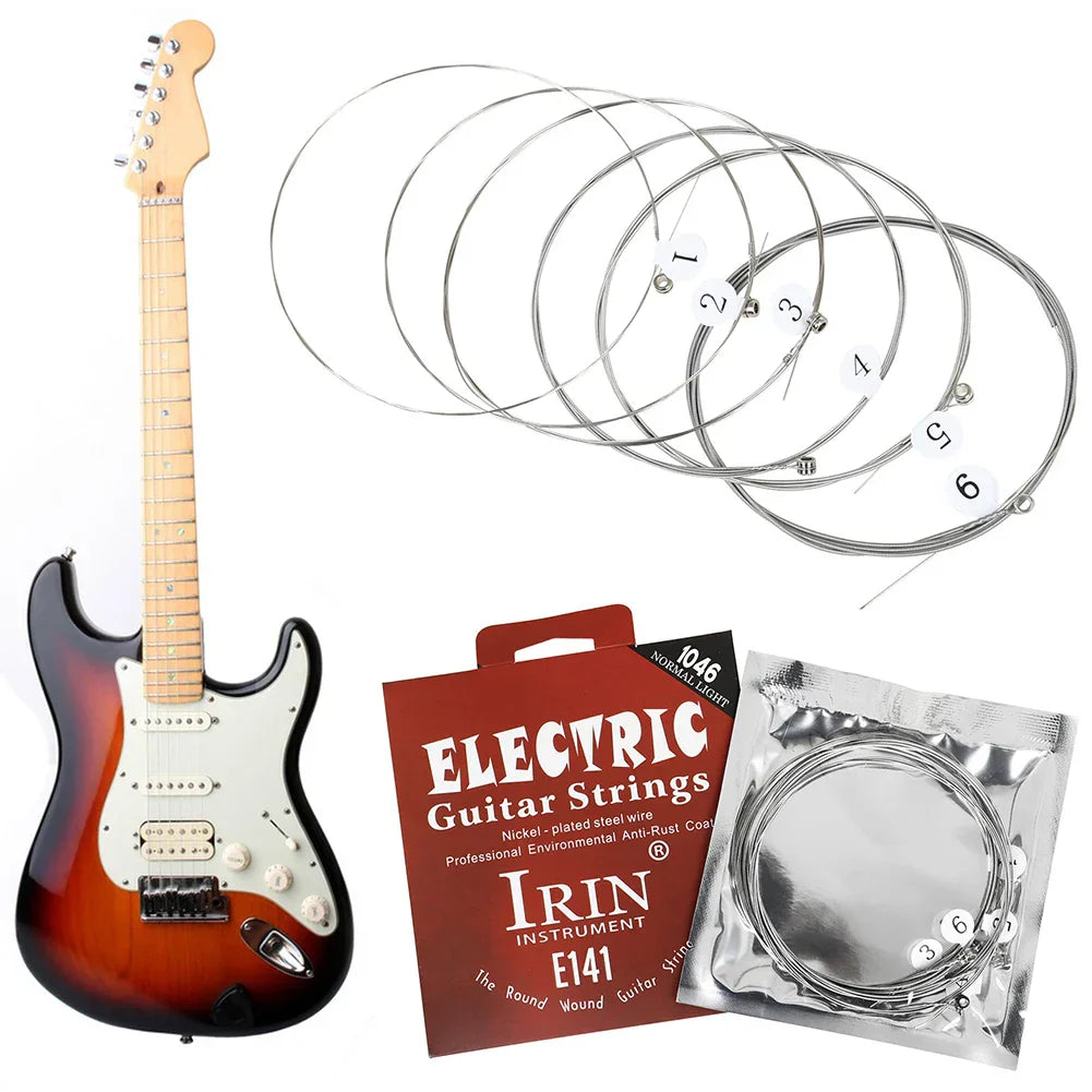 Sunburst finish electric guitar with white pickguard and black headstock featuring nickel alloy guitar strings for musical instruments accessories