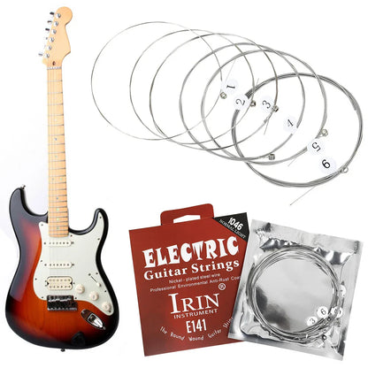 Sunburst finish electric guitar with white pickguard and black headstock featuring nickel alloy guitar strings for musical instruments accessories