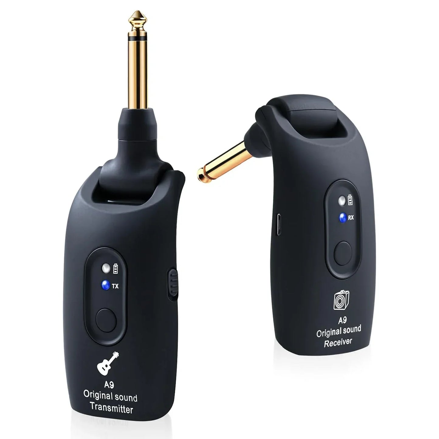 Black a9 original sound wireless guitar transmitter and receiver set with gold audio jacks for 4ghz guitar wireless use