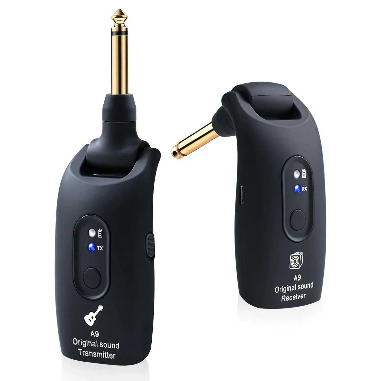 Black a9 original sound wireless guitar transmitter and receiver set with gold audio jacks for 4ghz guitar wireless use