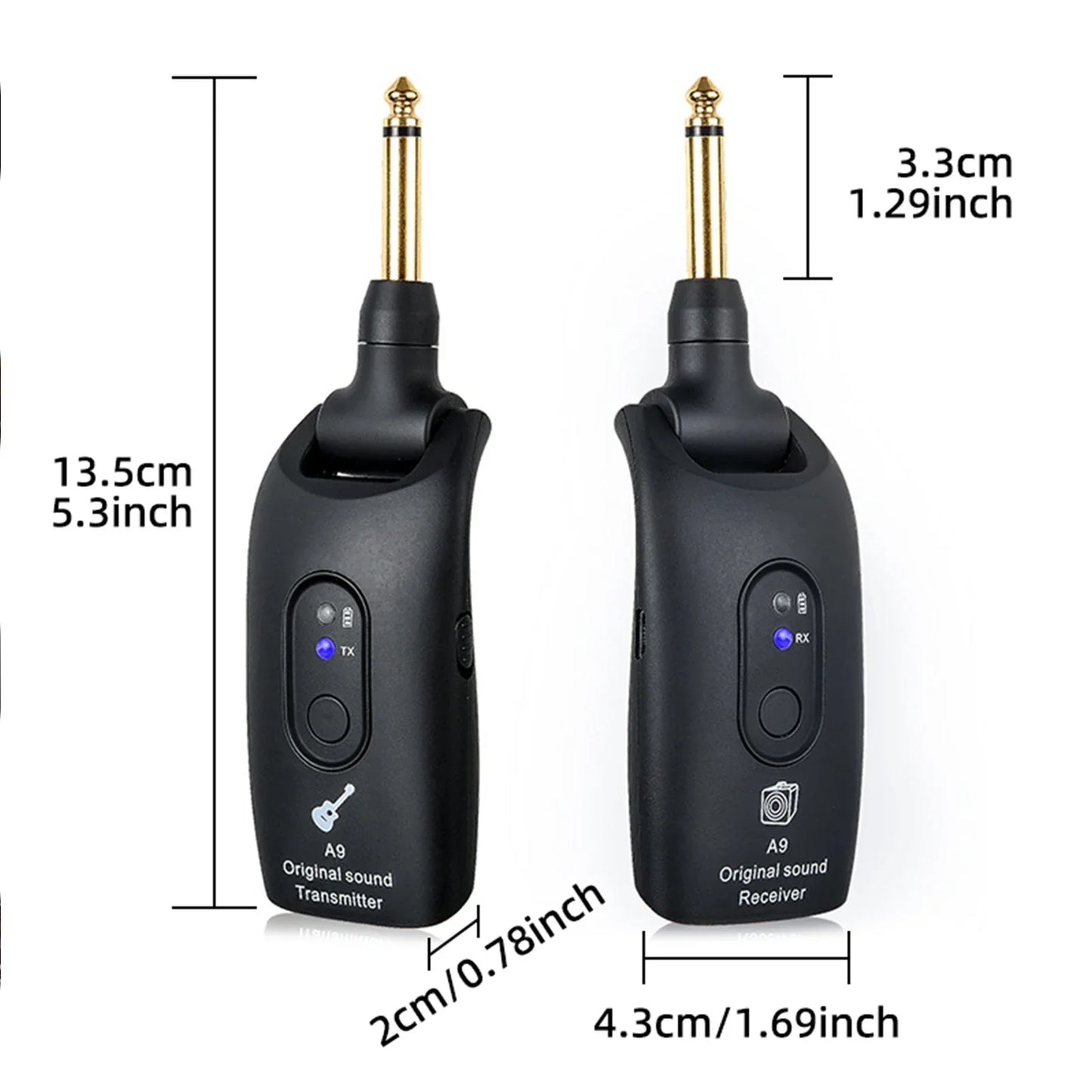 Black wireless guitar transmitter and receiver set with gold-colored audio jacks for 2.4ghz guitar wireless pickup electroacoustic universal use