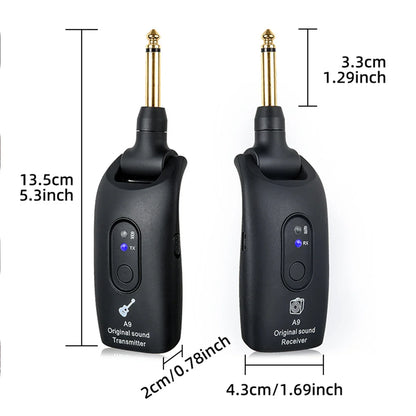 Black wireless guitar transmitter and receiver set with gold-colored audio jacks for 24ghz guitar wireless pickup electroacoustic universal use