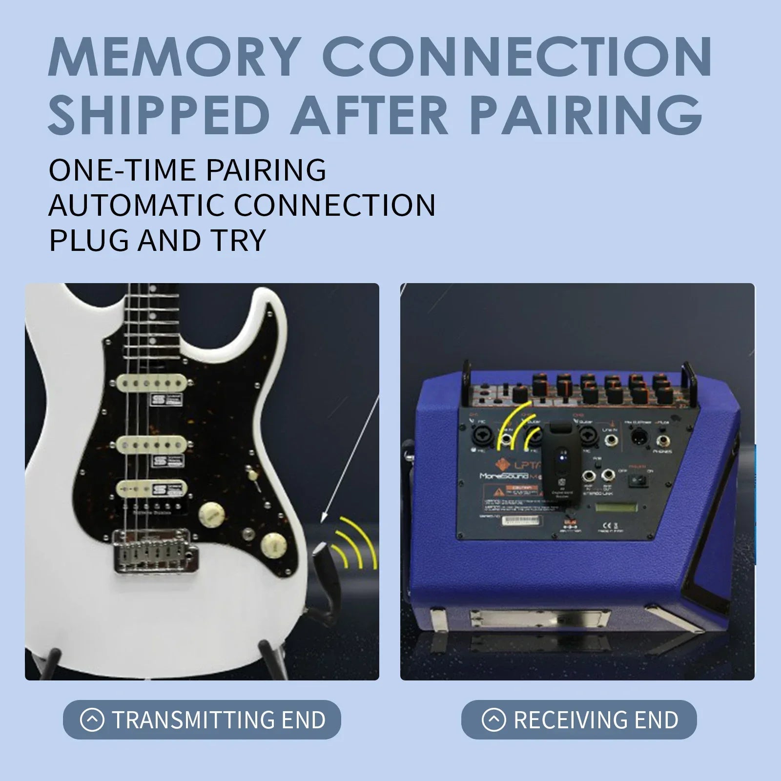 White electric guitar with black pickguard and cream knobs featuring 24ghz guitar wireless pickup electroacoustic universal system