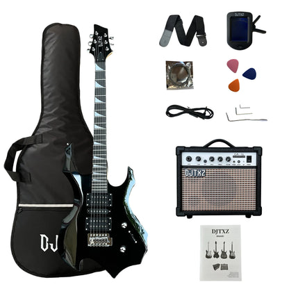 Black electric guitar with glossy finish and silver triangular inlays with matching gig bag for alien guitar practice performance special set speaker amplifier guitar