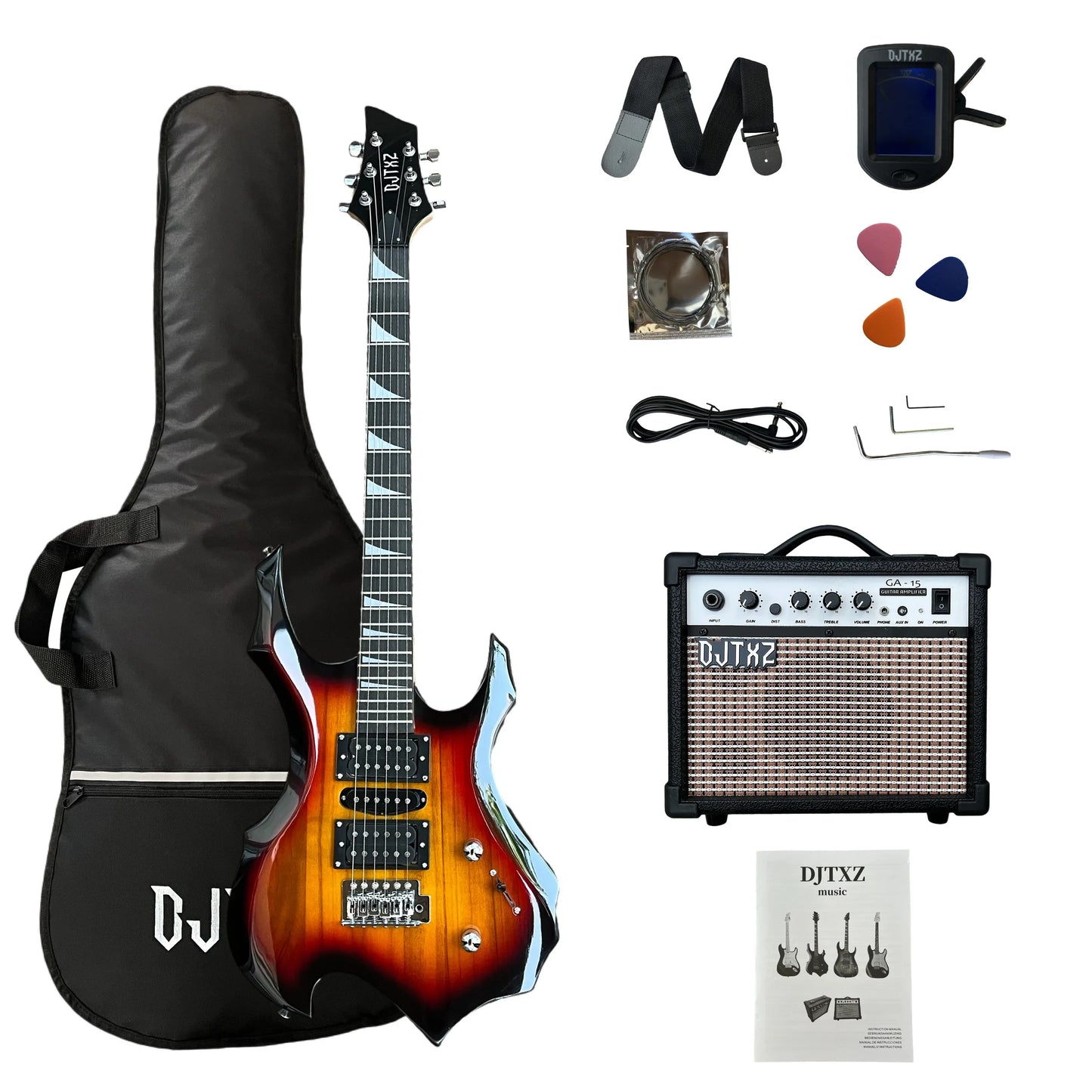 Sunburst finish electric guitar with angular body and black hardware in a speaker amplifier guitar performance set