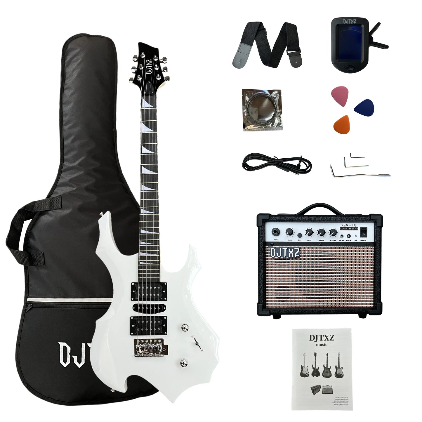 White electric guitar with black hardware and angular body with matching black gig bag in alien guitar practice set