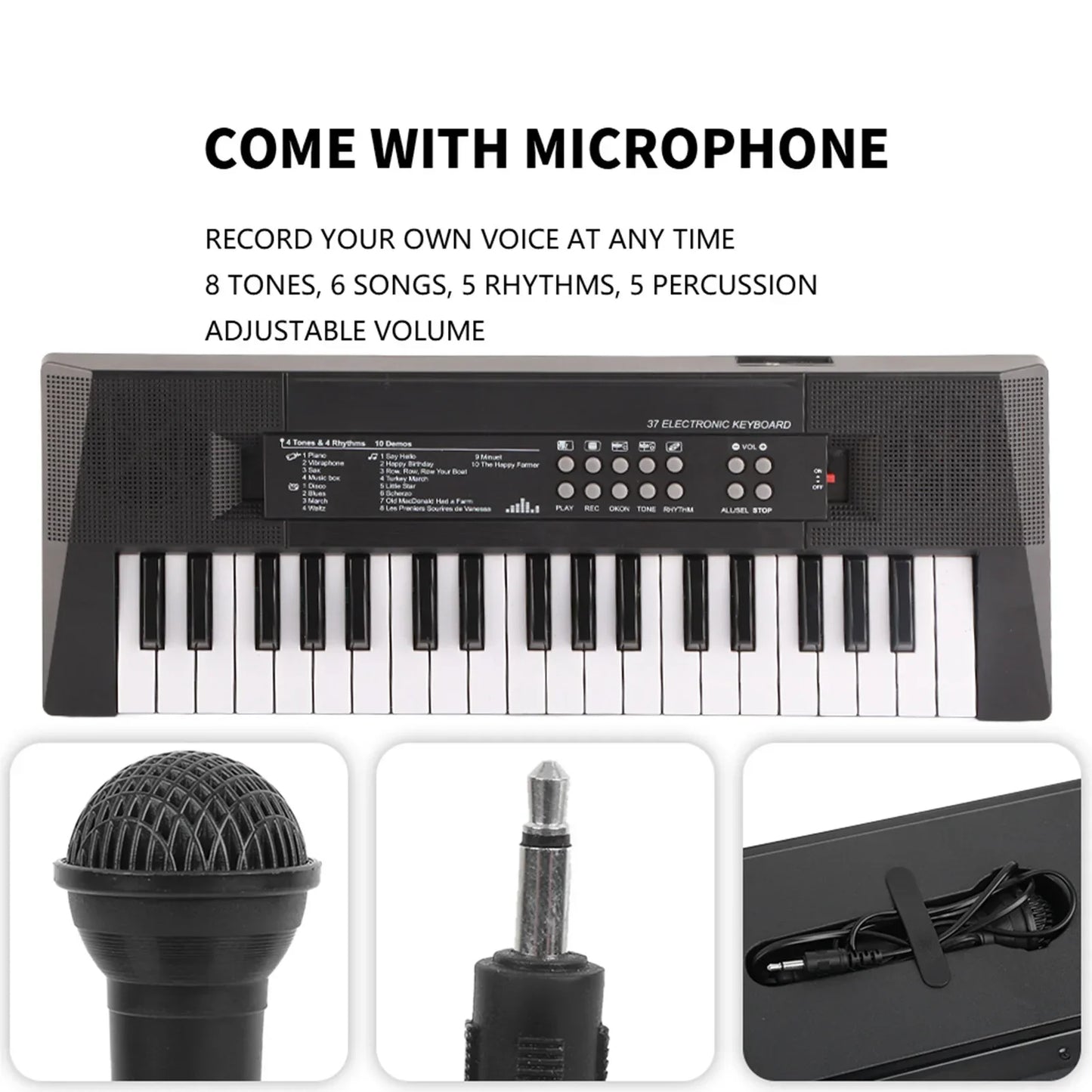 Black 37-key electronic keyboard with built-in microphone recording function for key piano children’s musical instrument use