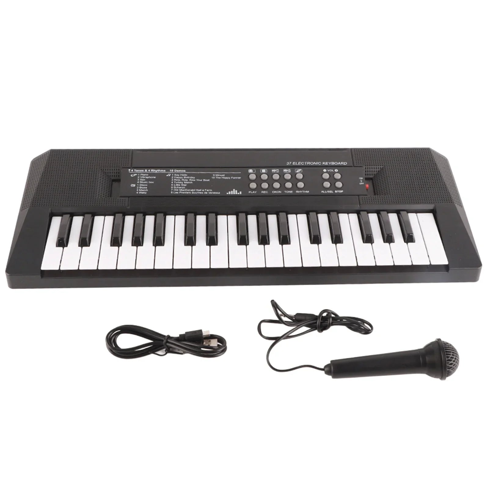 Black 37-key electronic keyboard with microphone recording function and usb cable for key piano childrens musical instrument use