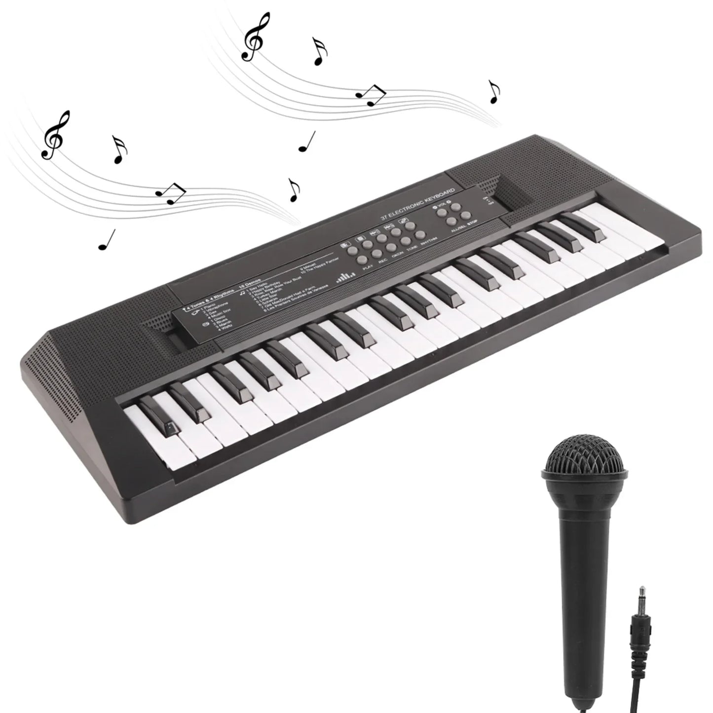 Black electric keyboard 37 key piano children’s musical instrument with microphone recording function and control panel