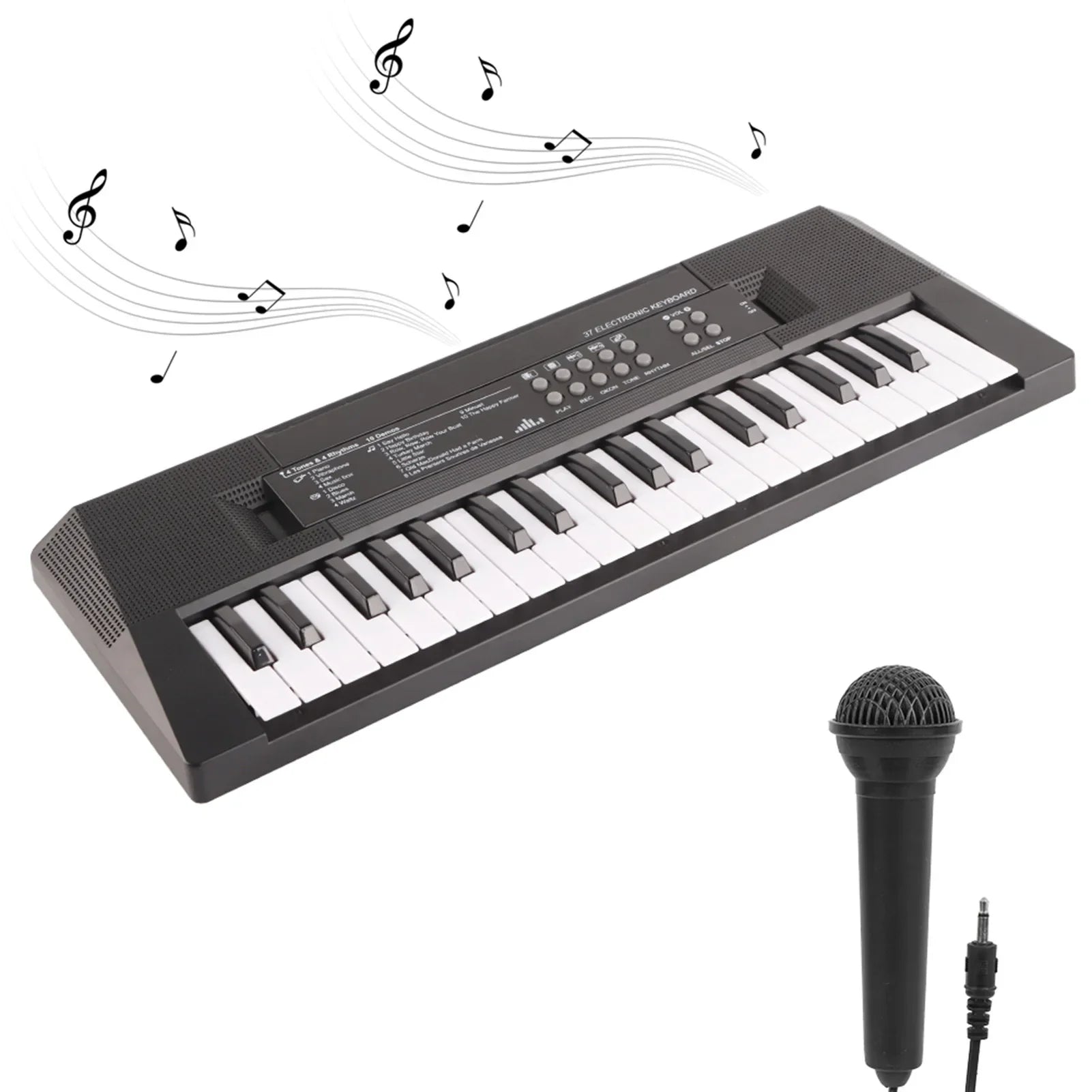 Black electric keyboard 37 key piano children’s musical instrument with microphone recording function and control panel