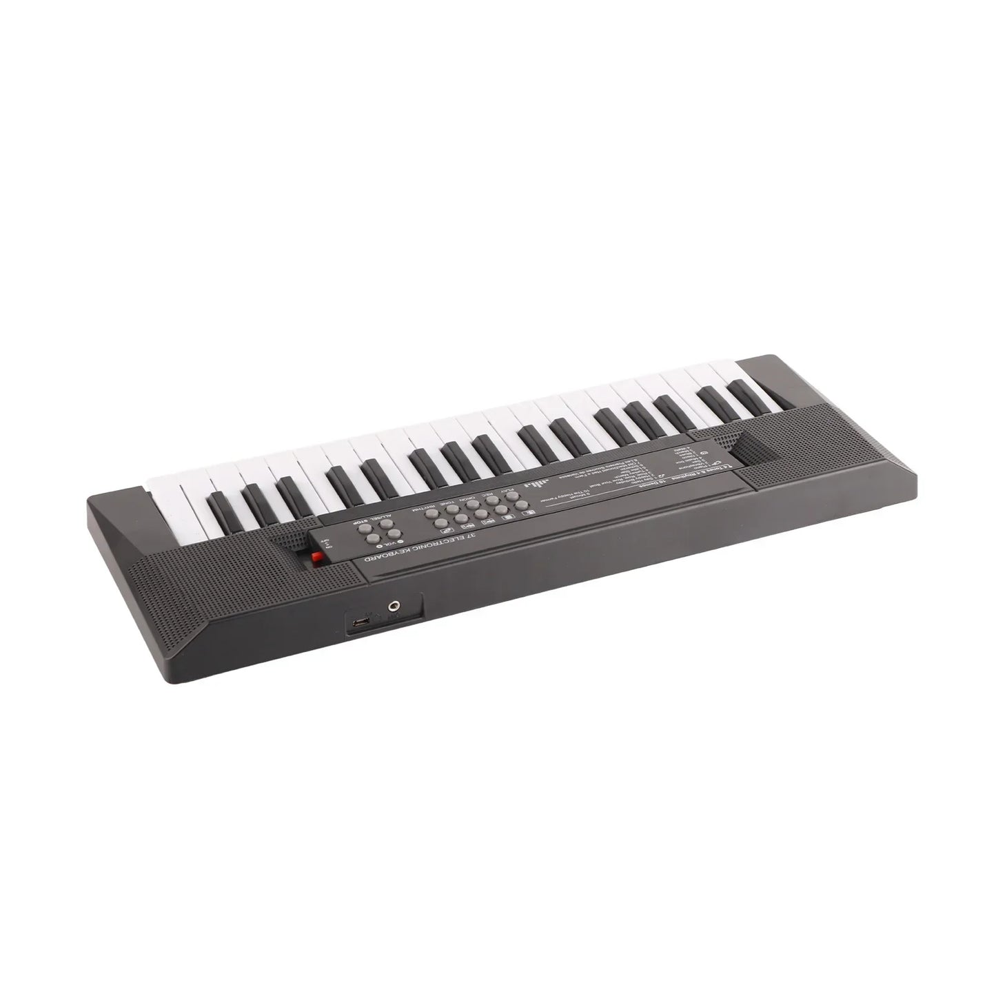 Black electronic keyboard with 37 white and black keys featuring microphone recording function and speaker grilles for children’s use