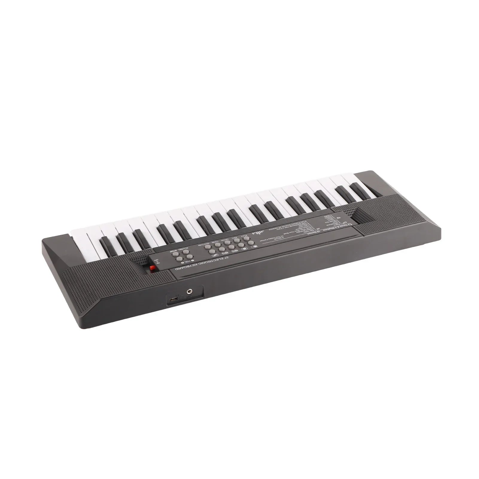 Black electronic keyboard with 37 white and black keys featuring microphone recording function and speaker grilles for children’s use