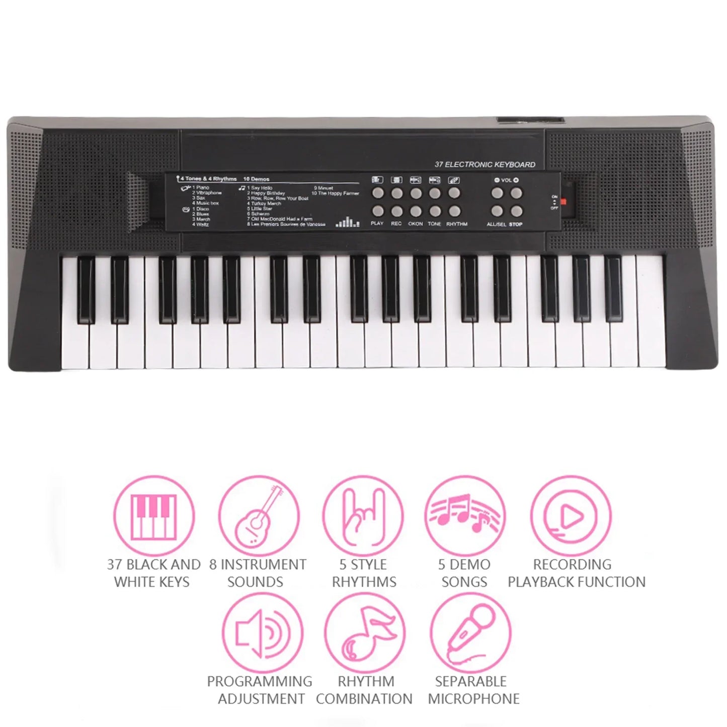Black and white 37-key electric keyboard piano with control panel featuring microphone recording function for children musical instrument