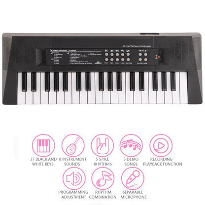 Black and white 37-key electric keyboard piano with control panel featuring microphone recording function for children musical instrument
