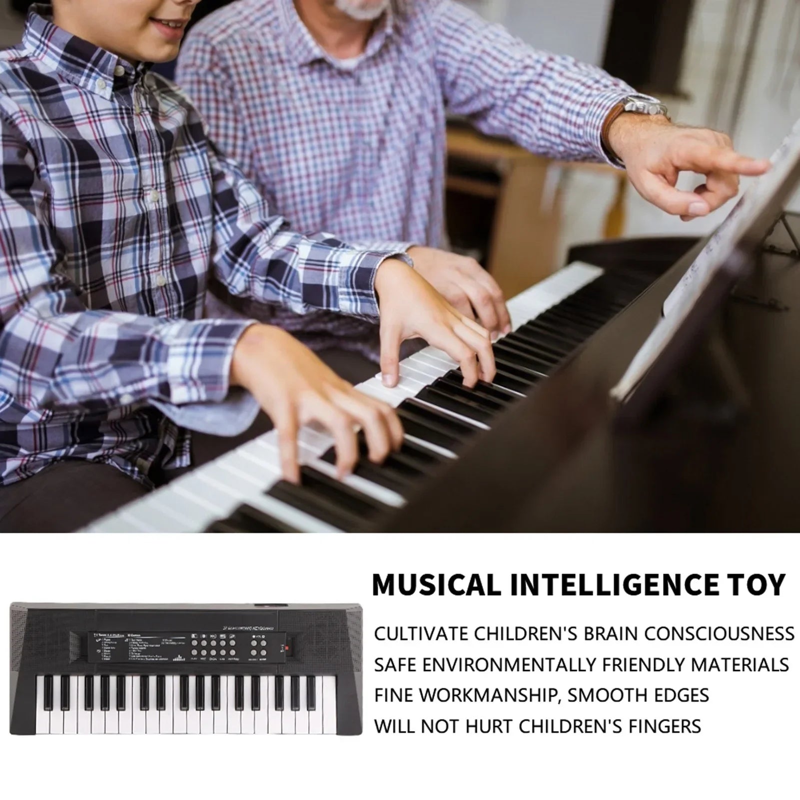 Black and white electric keyboard 37 key piano with control panel featuring microphone recording function for children